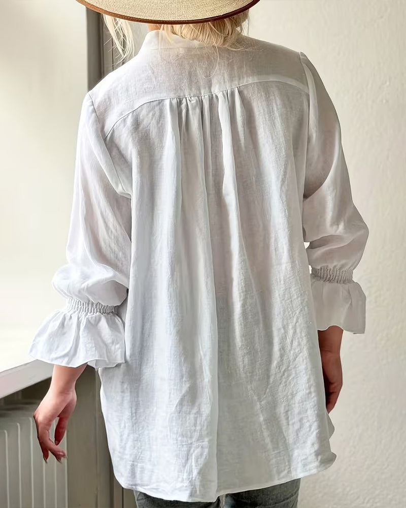 Solid Color Tie-Front Ruffle Sleeve Shirt