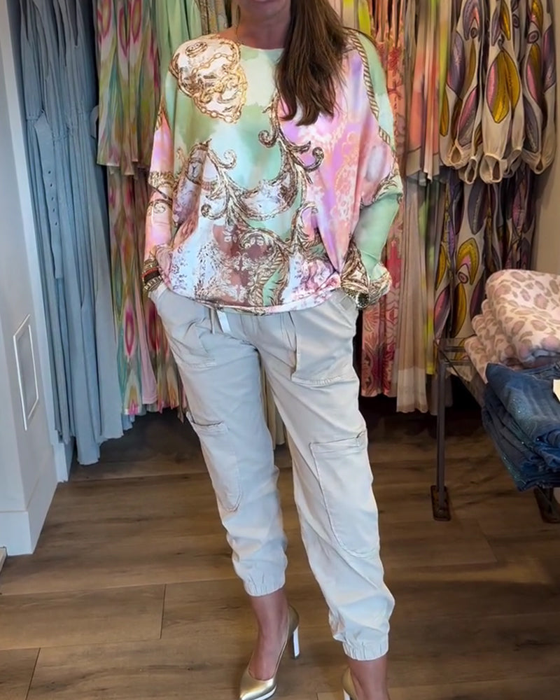 Print Loose Drop Shoulder Long Sleeve Top