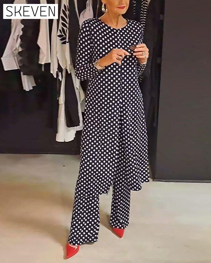 Elegant polka dot slit suit spring summer two-piece sets