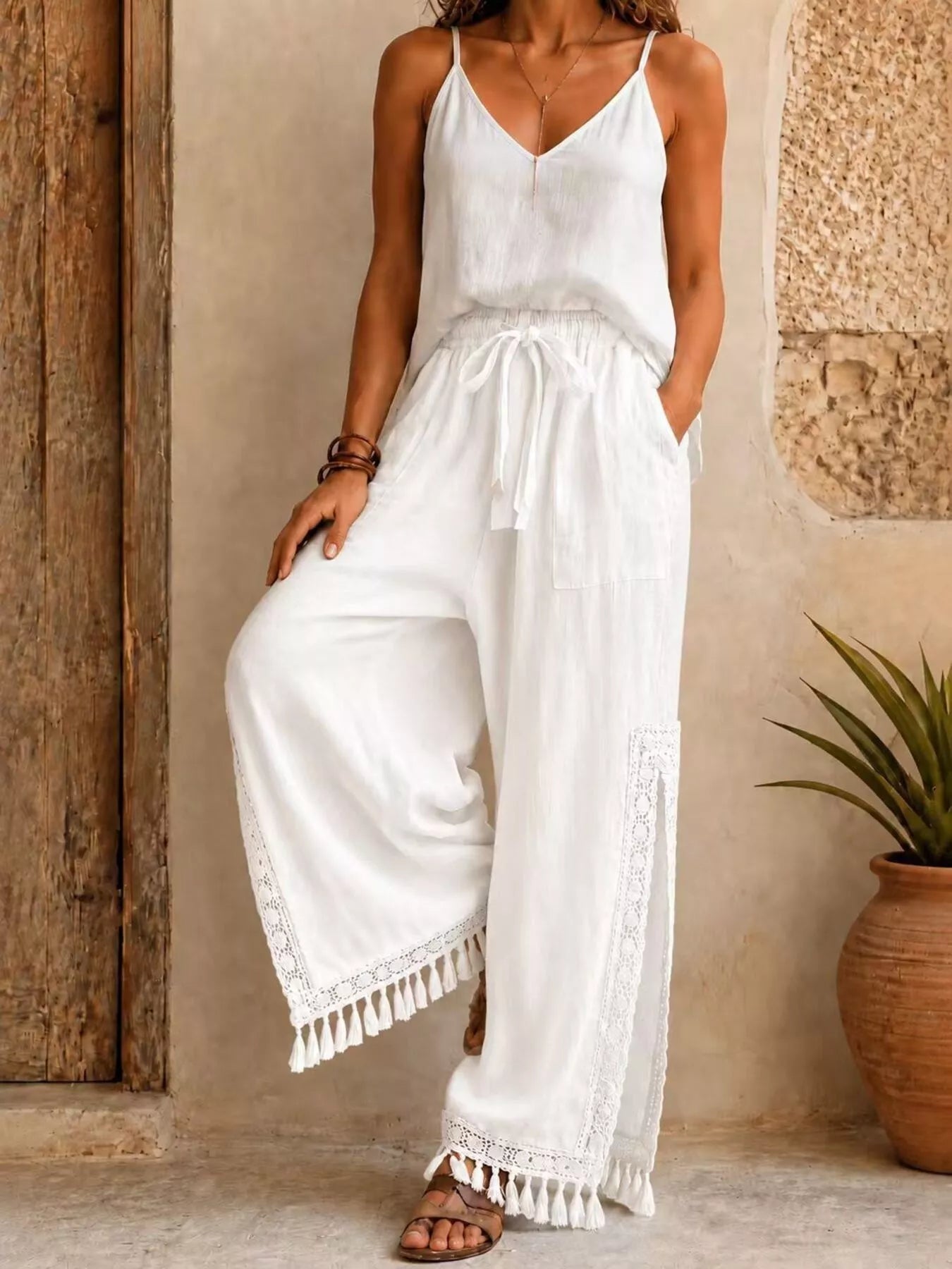 Lace Detail Slit Wide Leg Pants