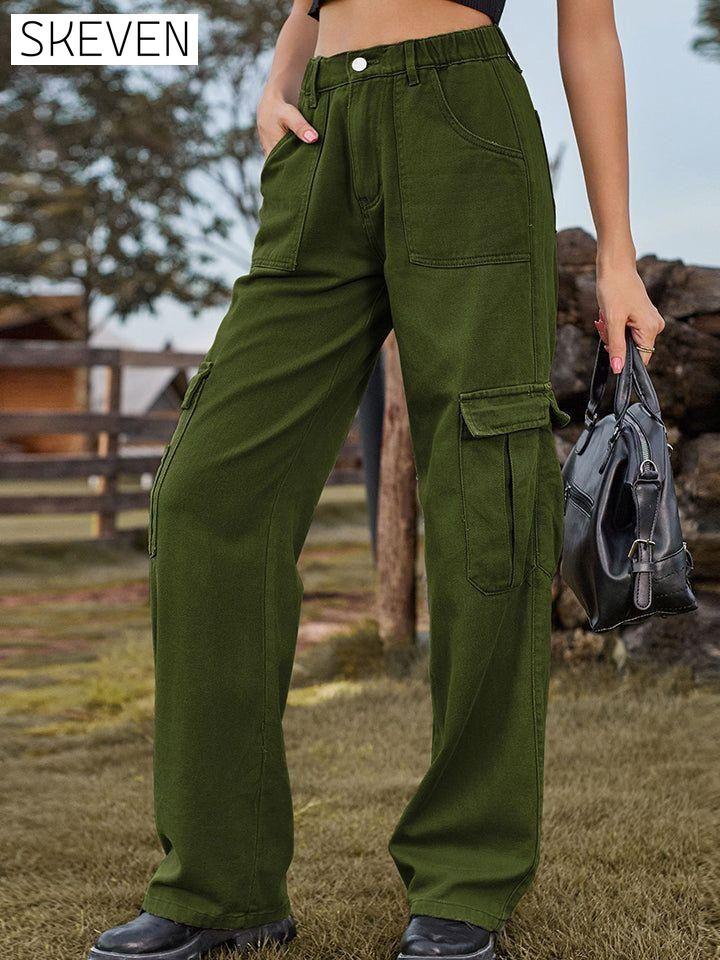Pocketed Wide Leg Jeans Army Green clothes M.F Ship From Overseas Shipping Delay 09/29/2023 - 10/02/2023 trend