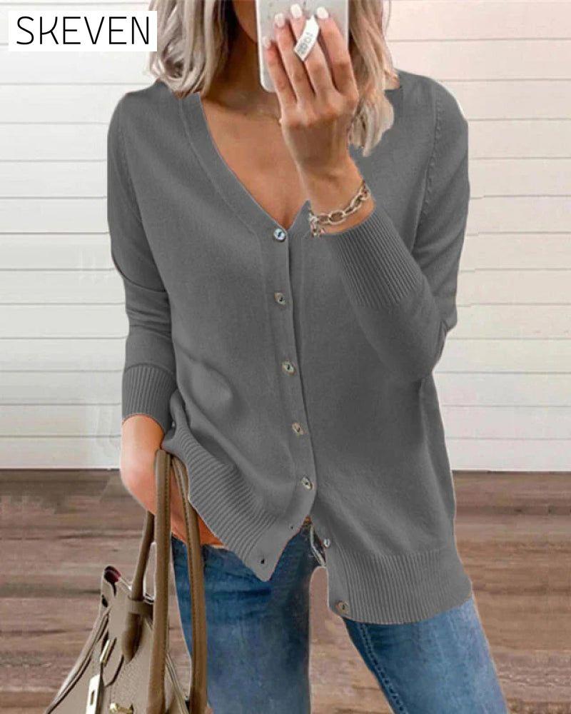 Schlichtes Stricktop mit Knopfverschluss und V-Ausschnitt für Damen 