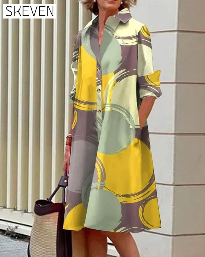 Contrast geometric print lapel dress casual dresses spring summer