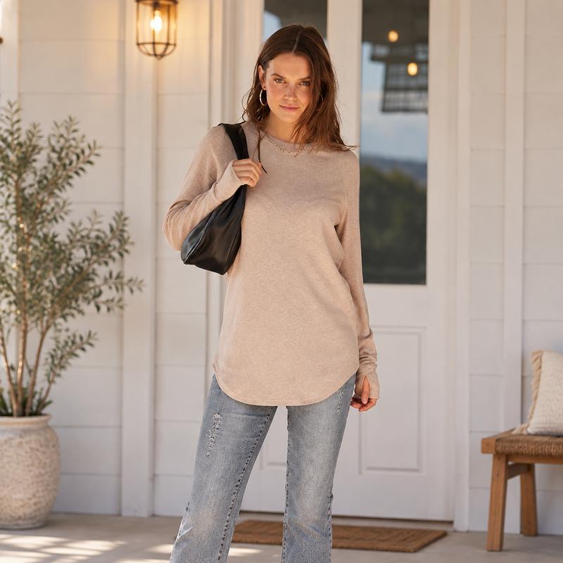 💖This week's Hot Sales - Only ￡13.99✨🍂Women's Casual Crewneck Long Sleeve Top With Thumb Holes and Curved Hem