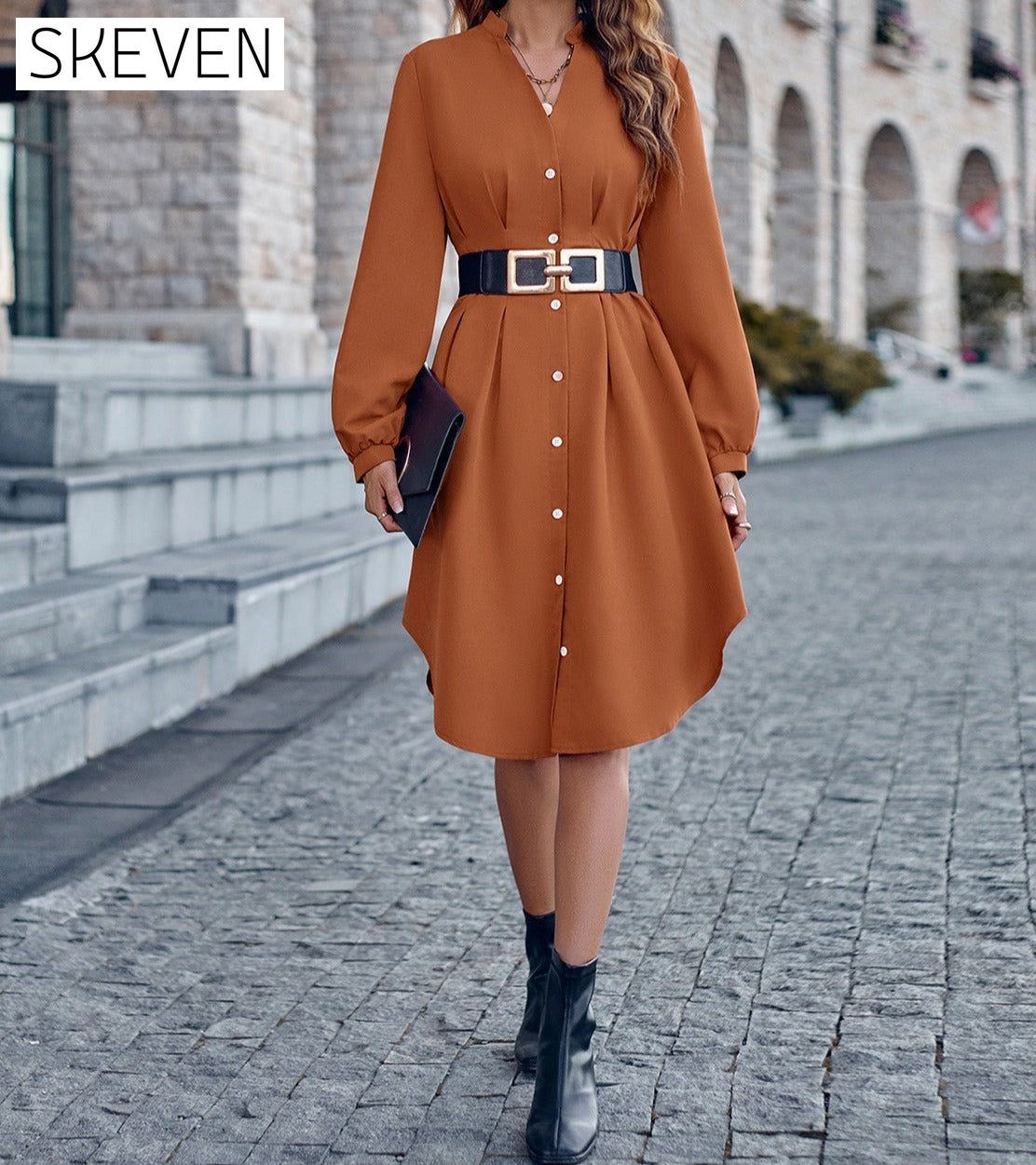 Notched Neck Long Sleeve Dress casual dresses clothes dress dresses long sleeve dress long sleeve dresses S.N Ship From Overseas short dresses trend