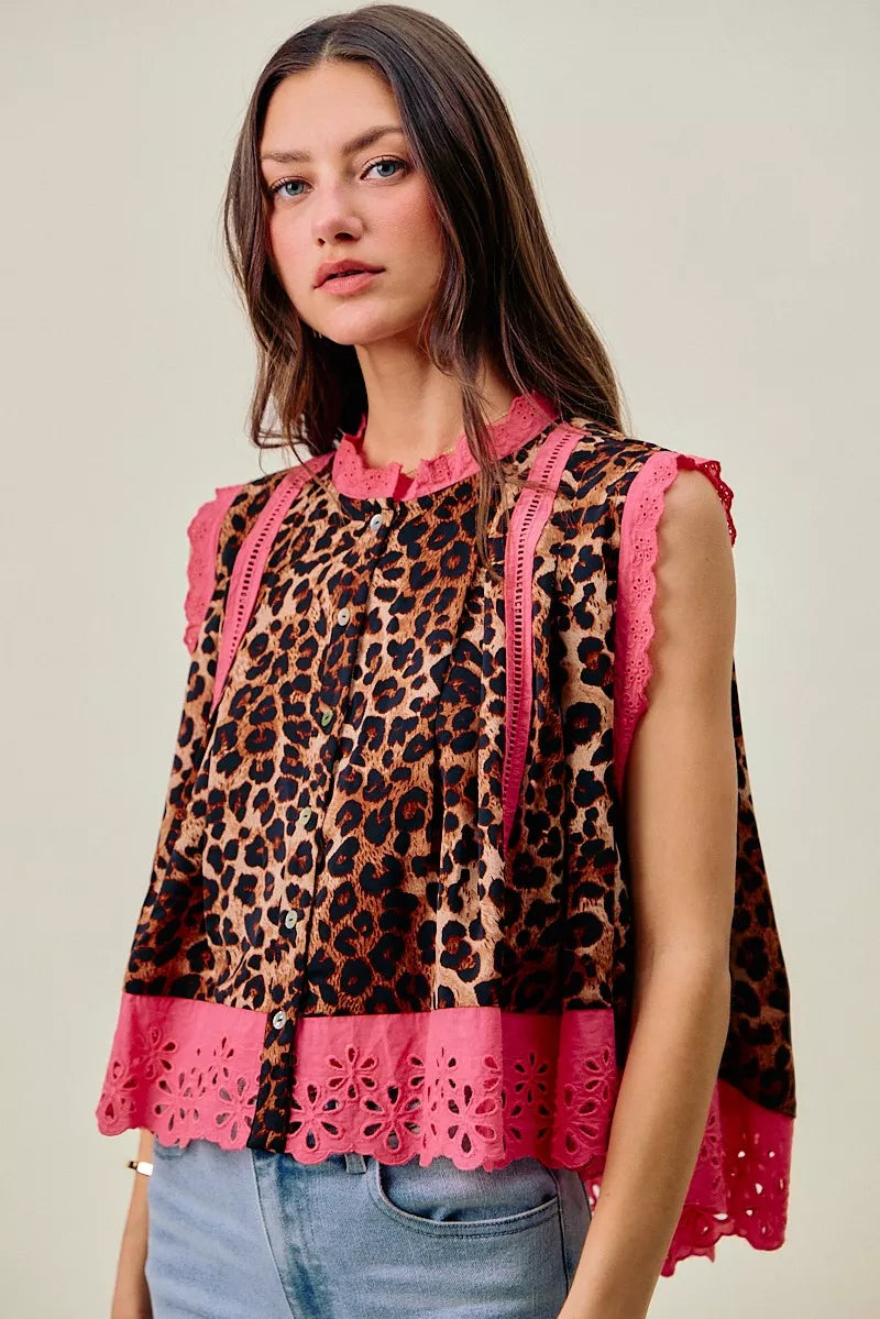 SO ME Leopard Button Up Pleated Sleeveless Blouse