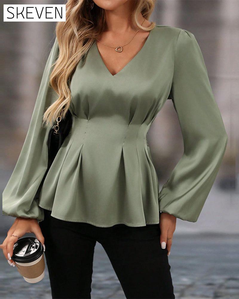 V-neck Puff Sleeve Waist Blouse