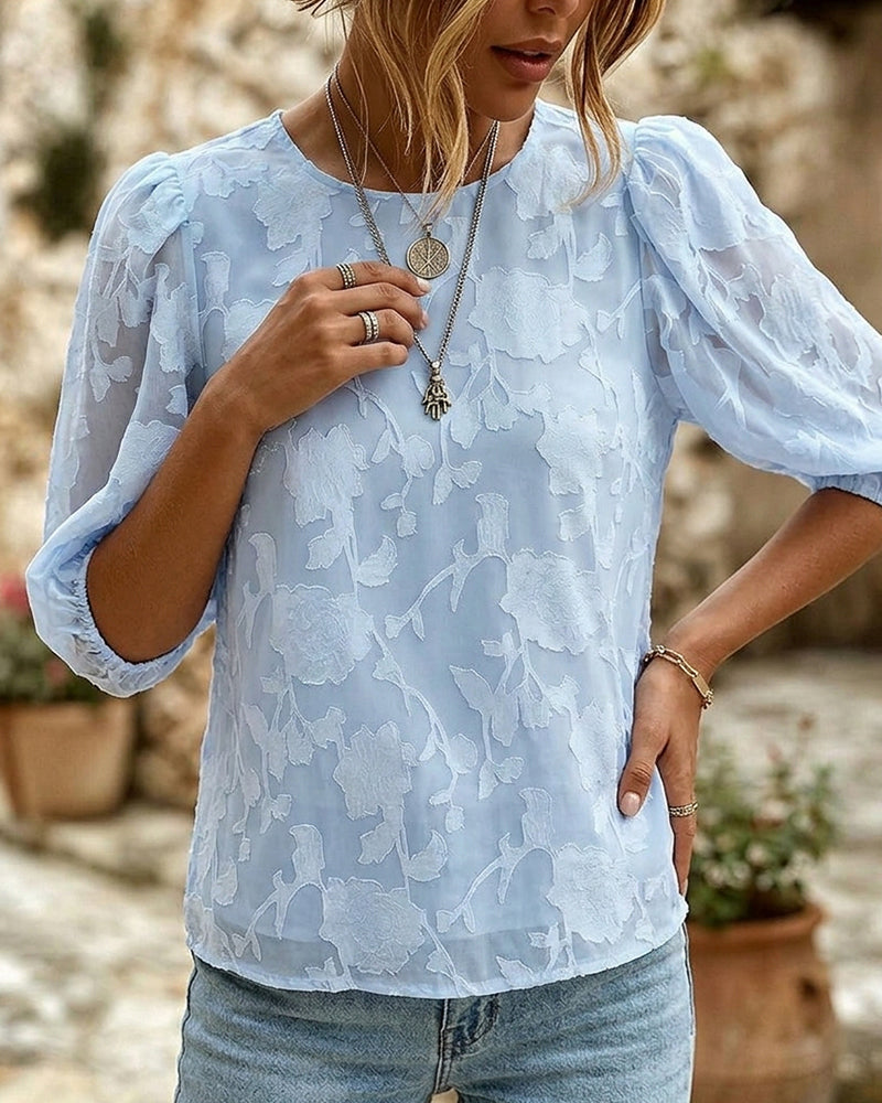 Round Neck Puff Sleeves Blouse