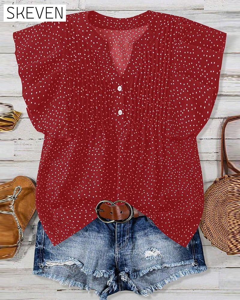 Bluse mit Rüschenärmeln, V-Ausschnitt und Polka-Dots