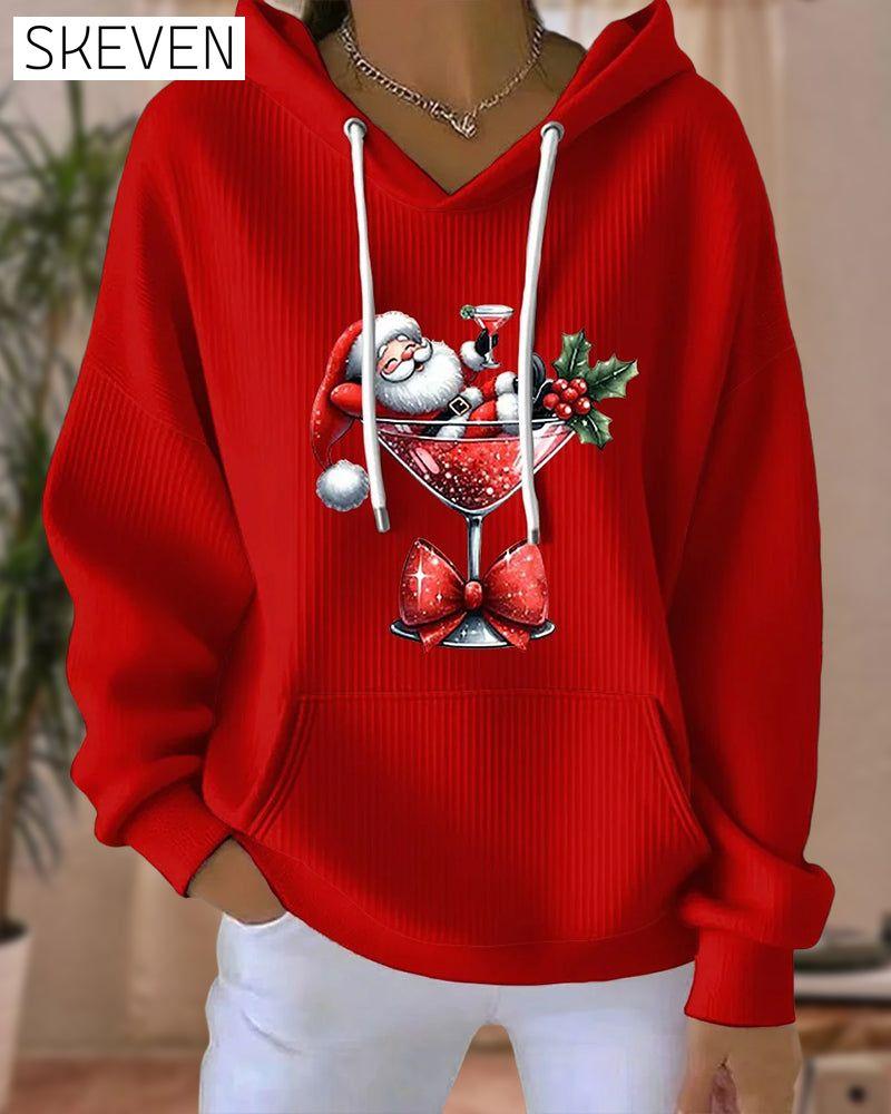 Santa Claus Wine Glass Printed Hoodie