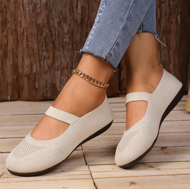 Women's Flat Bottom Pumps Round Toe Shallow Mouth Low-top Slip-on Flyknit