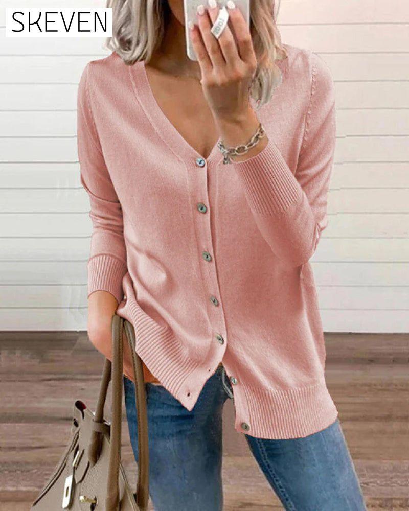 Schlichtes Stricktop mit Knopfverschluss und V-Ausschnitt für Damen 