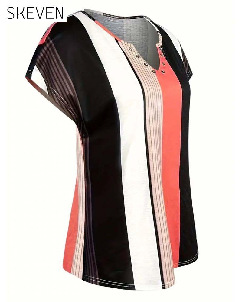 Vertical Striped Commuter Short-Sleeved Blouse