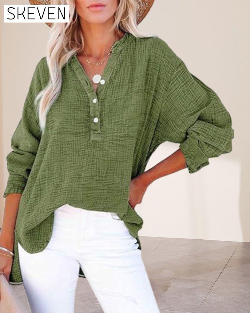 Pleated Button Long Sleeve Blouse