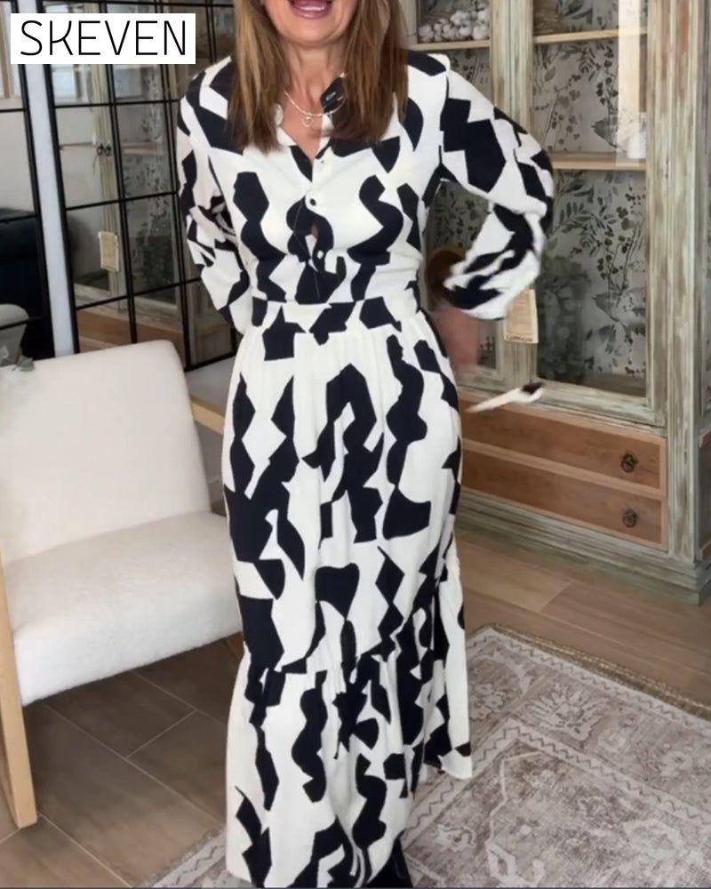 Bedrucktes, langärmeliges, lässiges Maxikleid