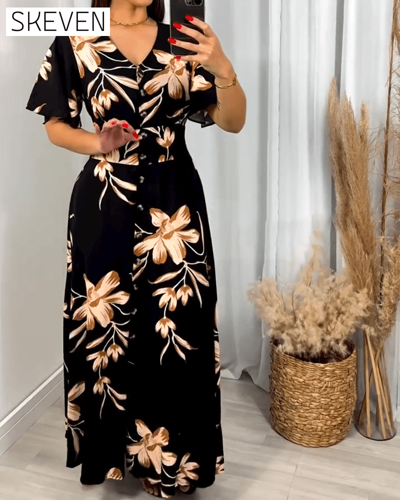 Robe à col V et taille haute à imprimé floral