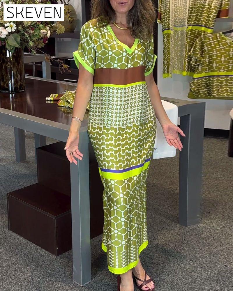 Short-sleeve V-neck contrast printed long dress casual dresses spring summer