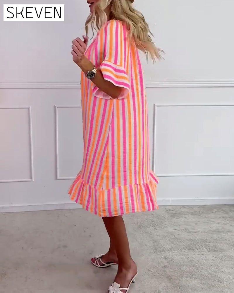 Round Neck Striped Pleated Shift Dress