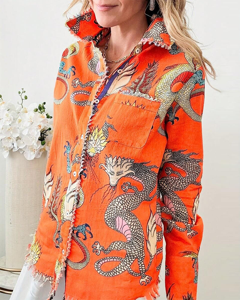 Long-Sleeved Frayed Animal Print Shirt