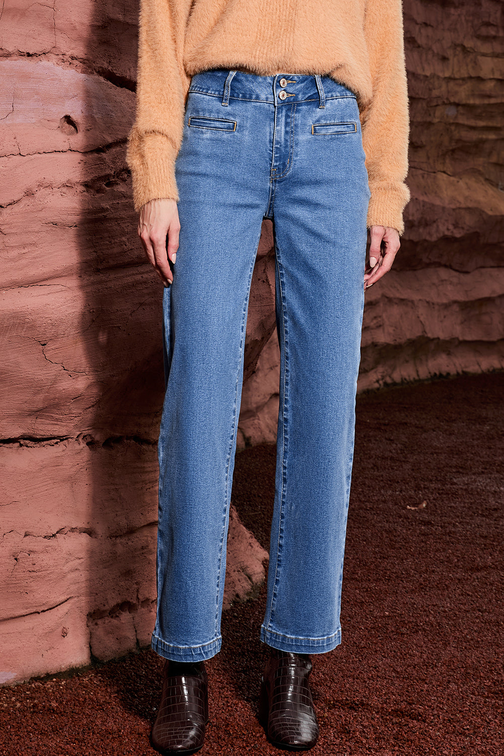 Light Blue Double Button High Rise Straight Leg Jeans