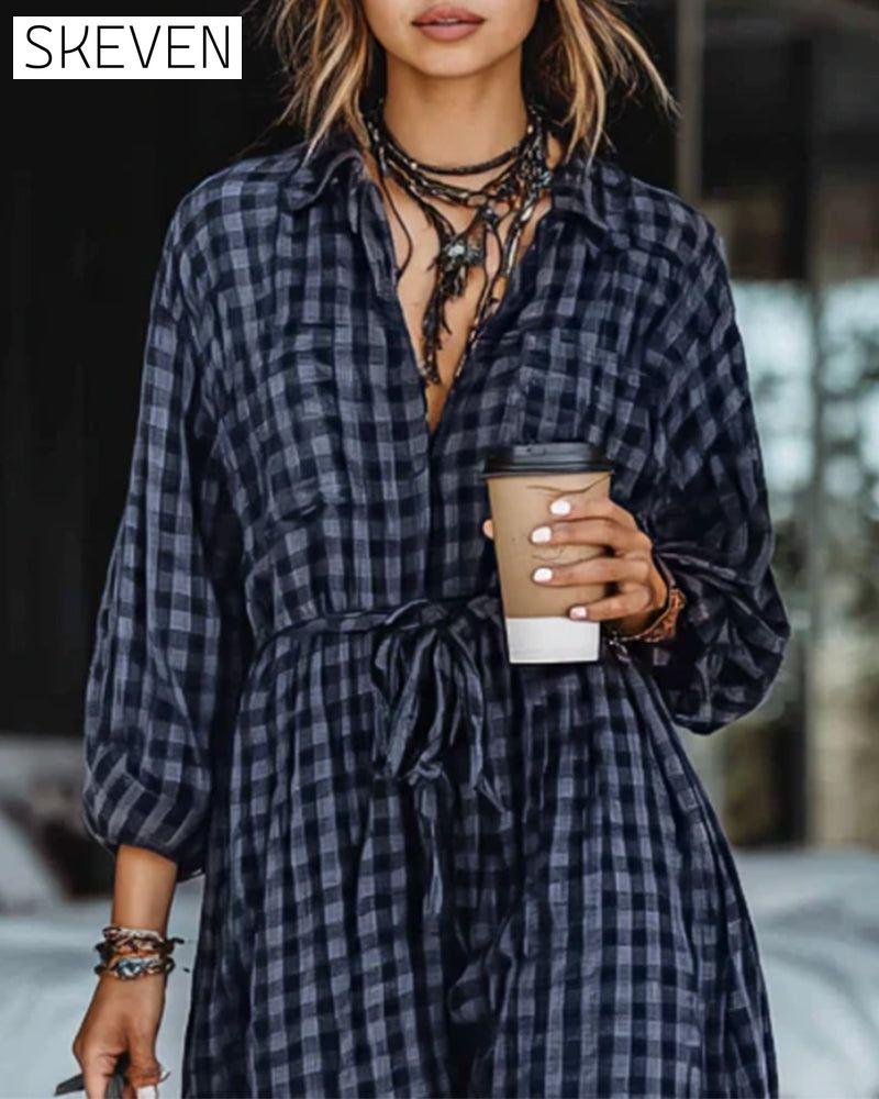 Fashionable Plaid Lapel Tie Dress