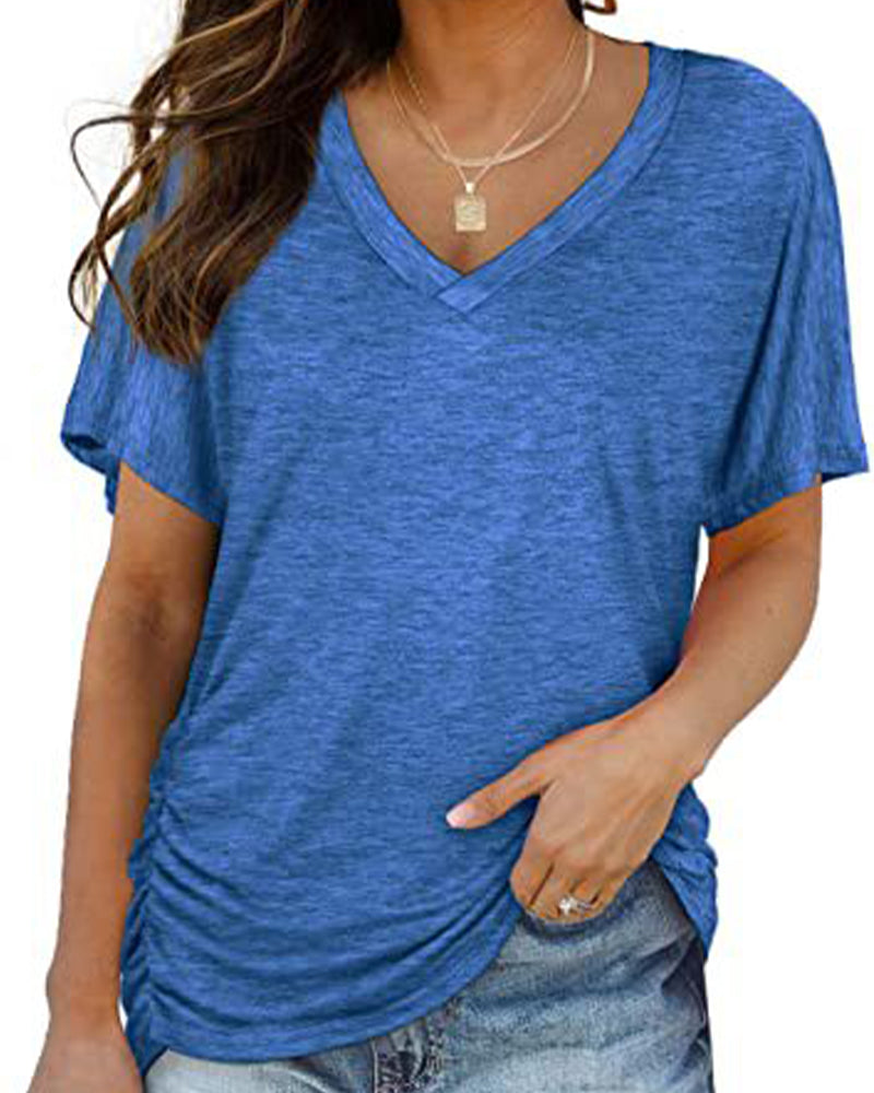 Pleated Solid Color V-Neck T-Shirt