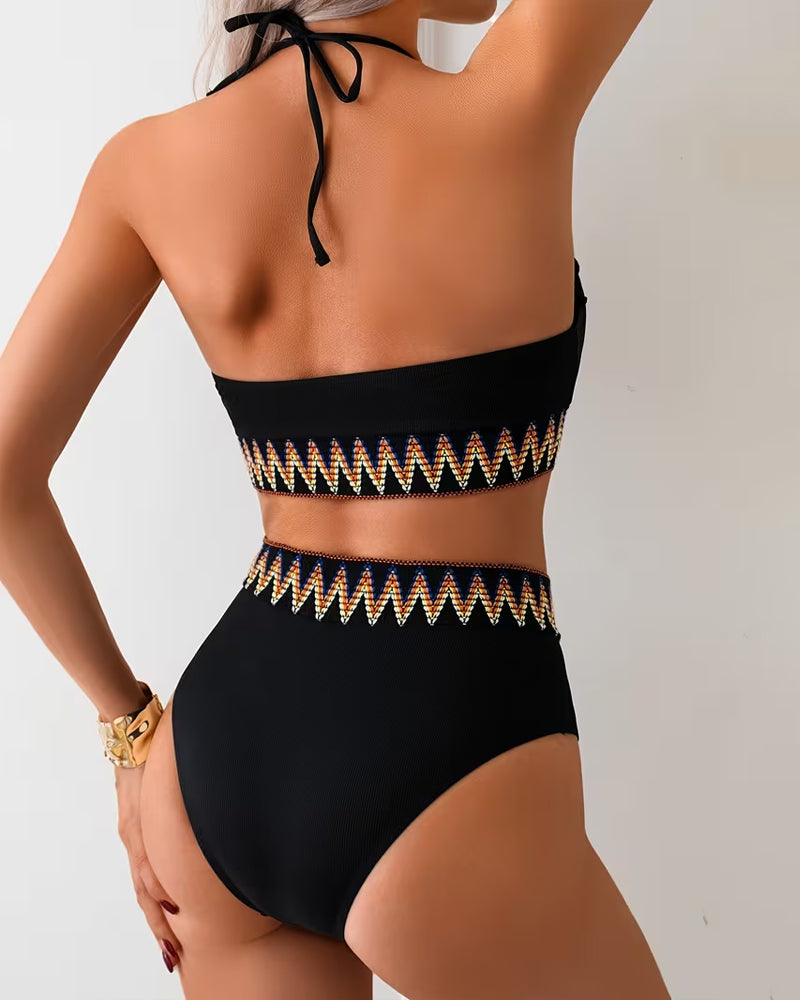 Simple Fashion Halter Neck Wave Print Bikini