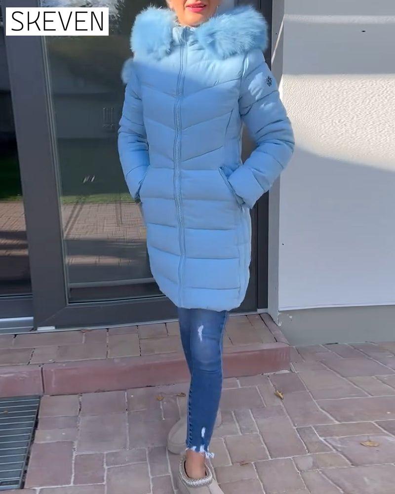 Casual solid color zipper pocket hooded padded jacket