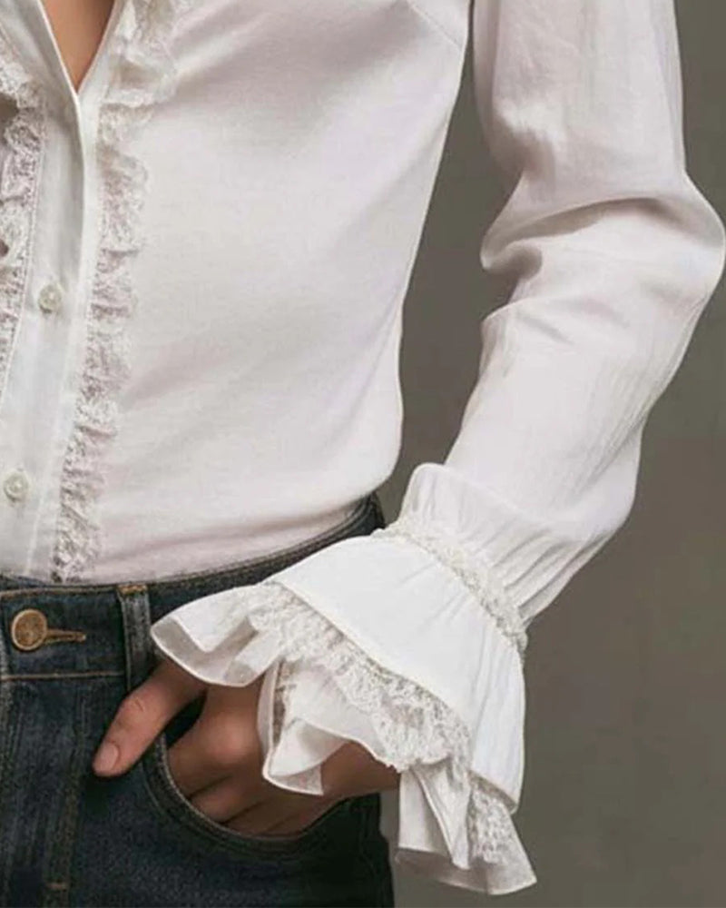 Lace Trim Bell Sleeve Blouse