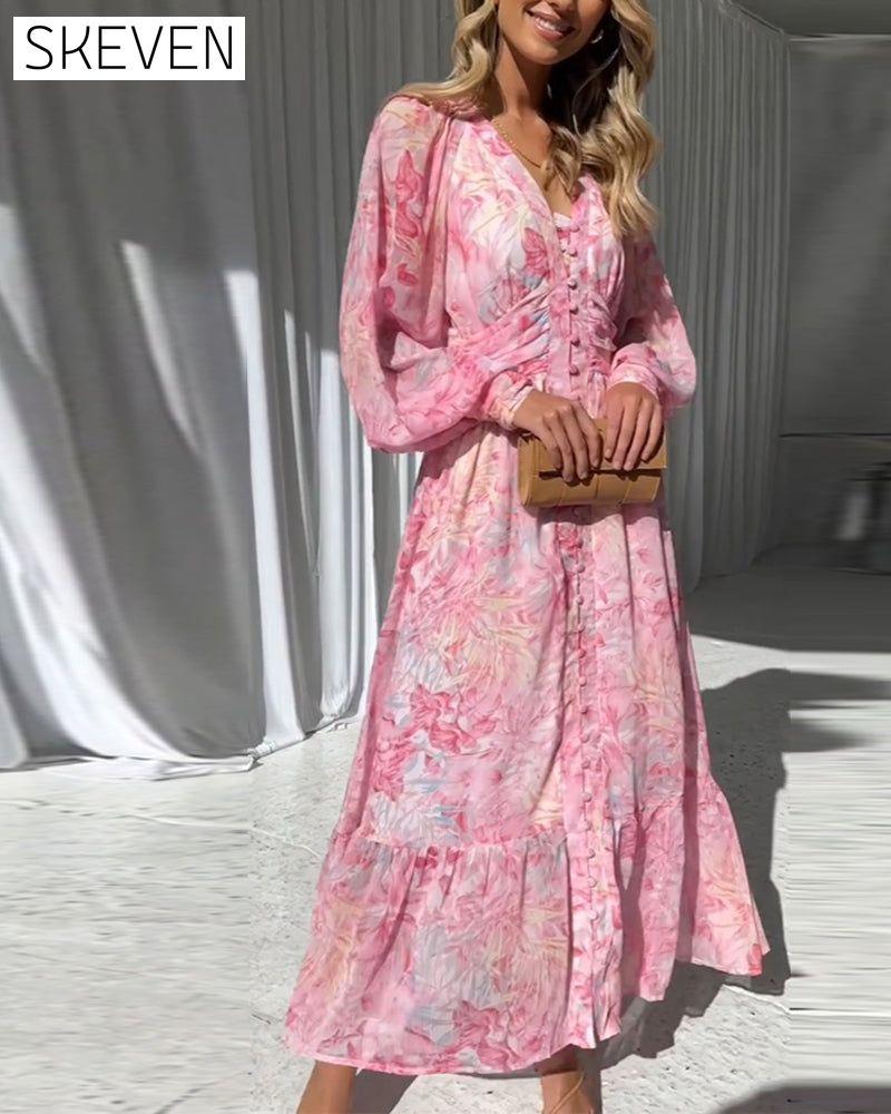 Gentle button print long dress casual dresses spring summer