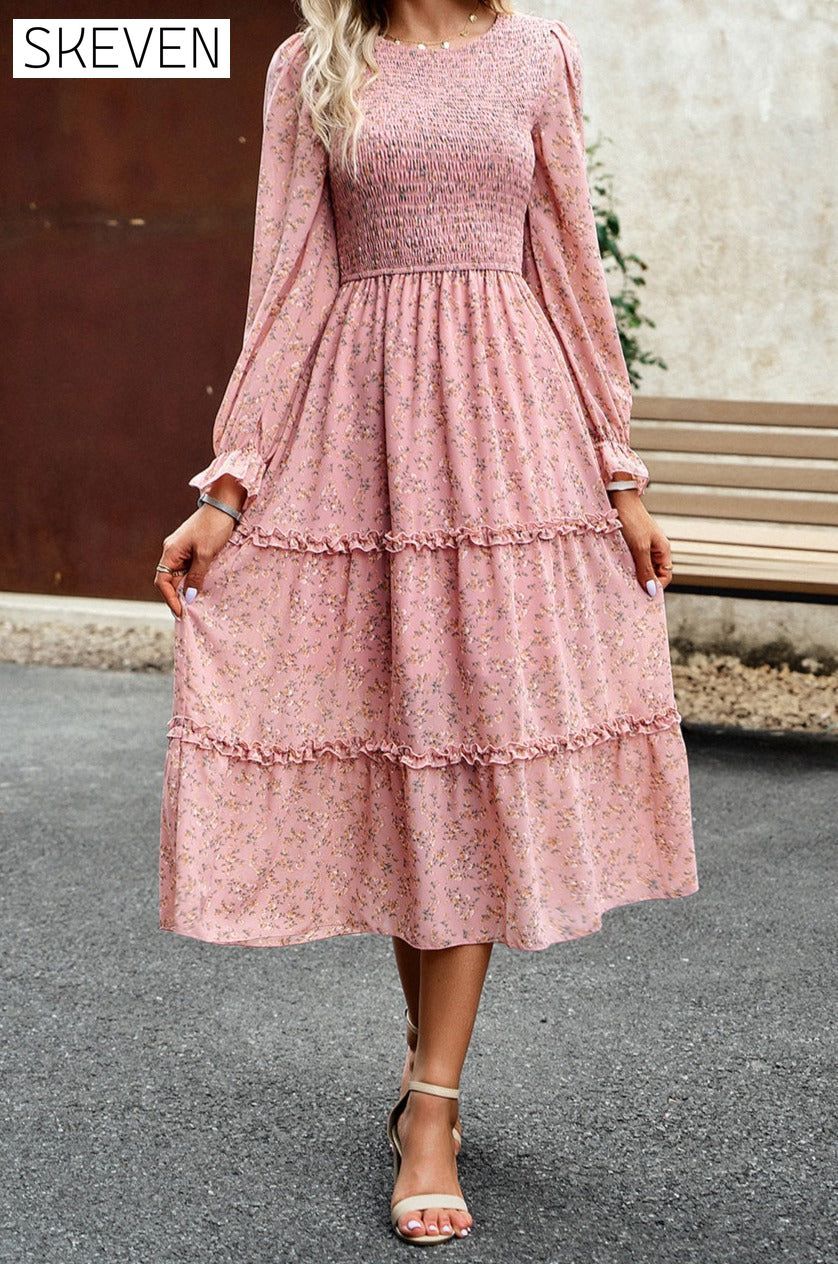 Smocked Flounce Sleeve Midi Dress Dusty Pink clothes DY Ship From Overseas trendsi