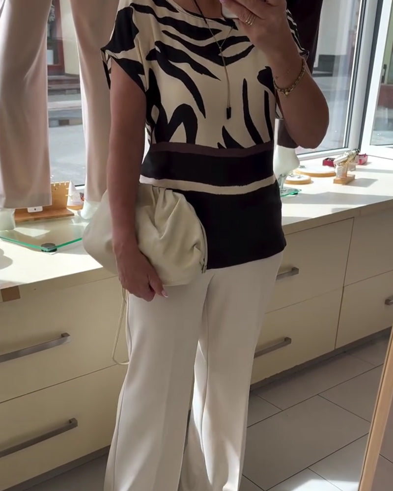 Round Neck Geometric Patchwork Short Sleeve Blouse