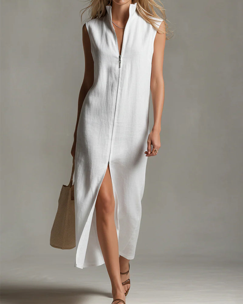 Sleeveless Half-Zip Slit Dress