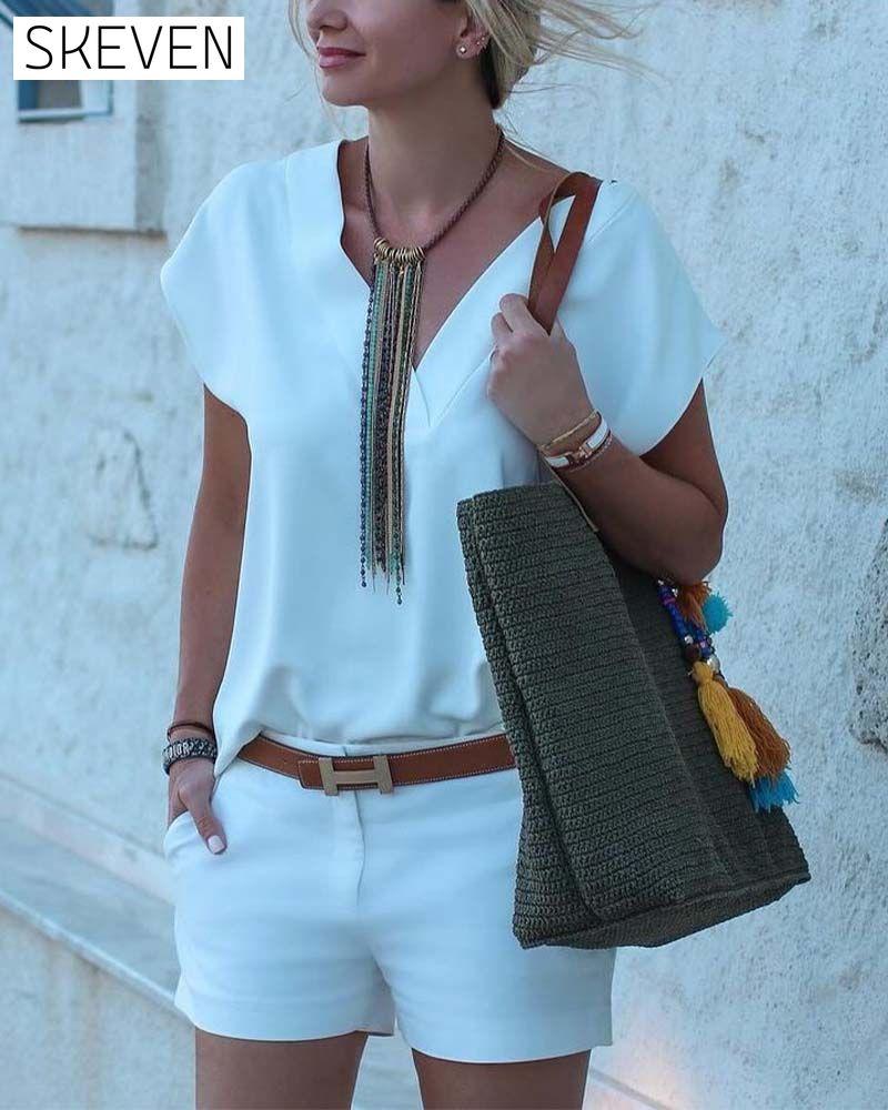 V-neck short-sleeved solid color blouse