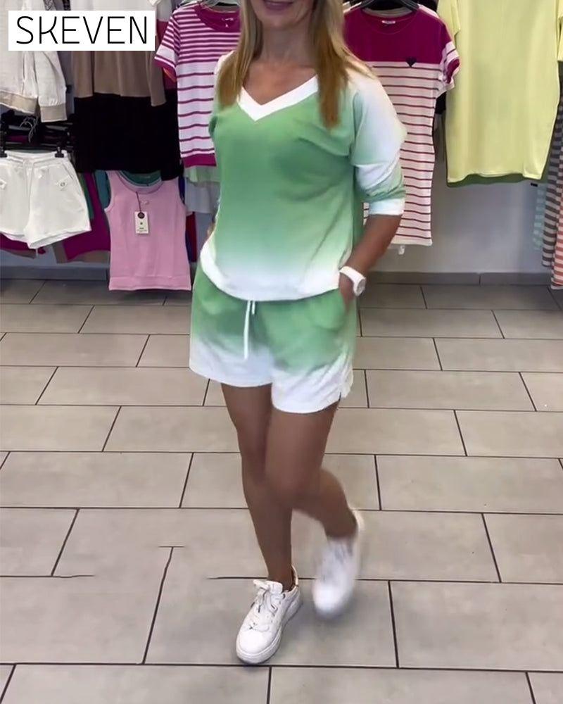 Long-Sleeved V-Neck Gradient Sports Set