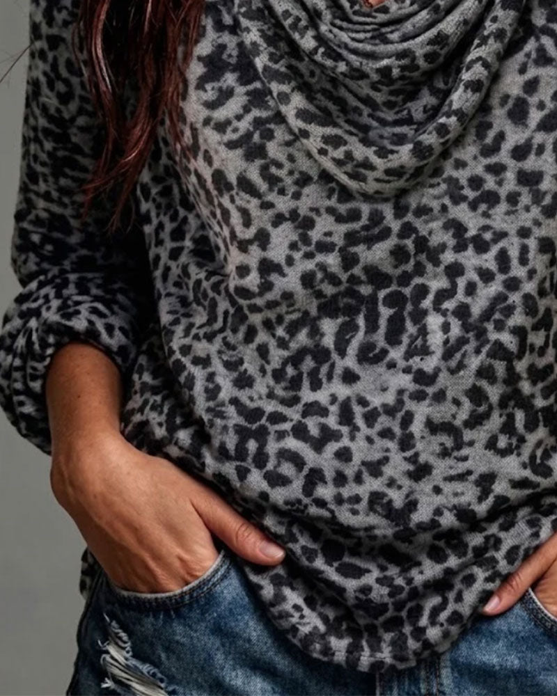 Mock Neck Leopard Long Sleeve Blouse