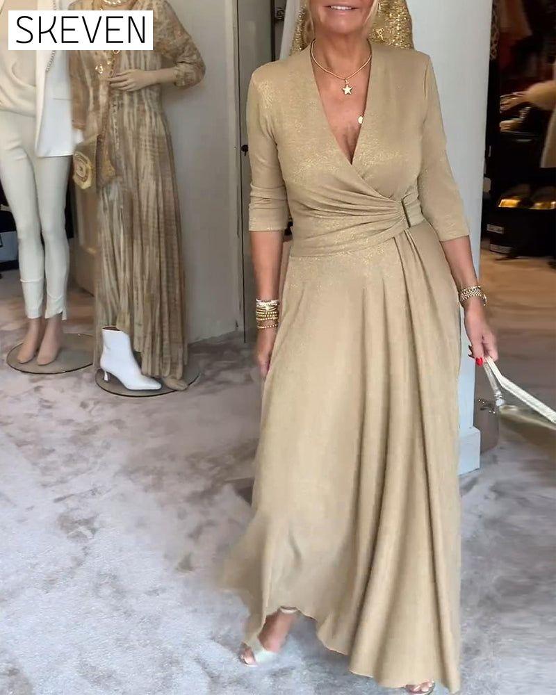 Elegant solid color V-neck three-quarter sleeve dress 2023 f/w casual dresses spring
