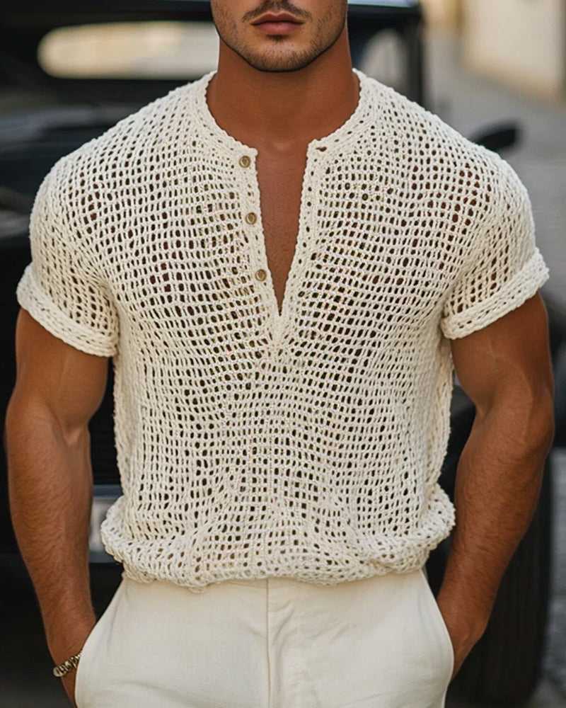 Men's Button Small V-Neck Short Sleeve T-Shirt