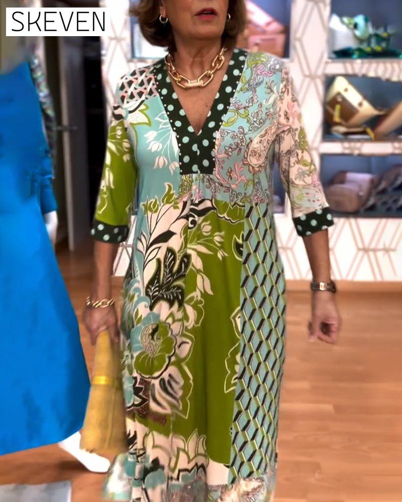V-neck Printed Slit Dress