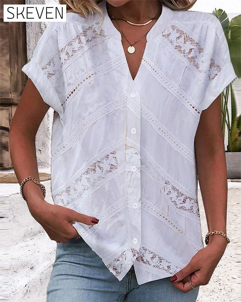 V-neck Hollow Out Short Sleeve Top