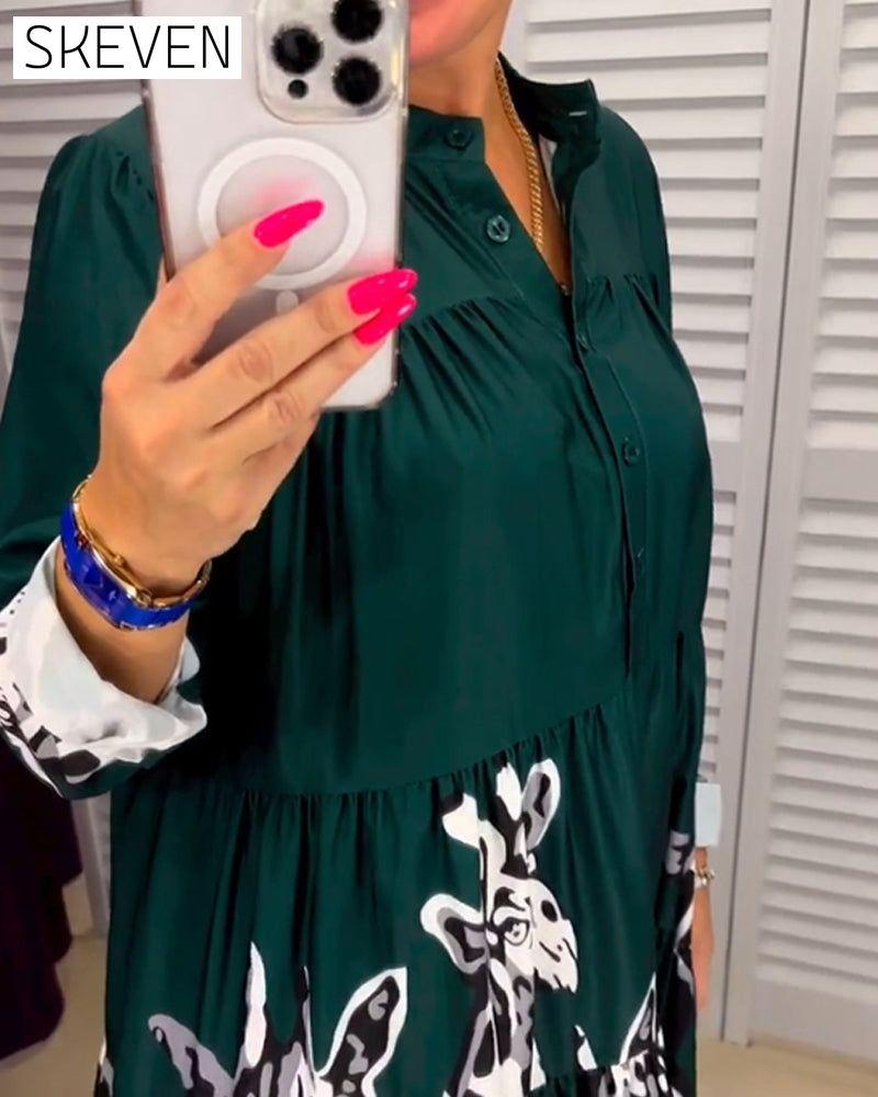 Printed button casual long dress