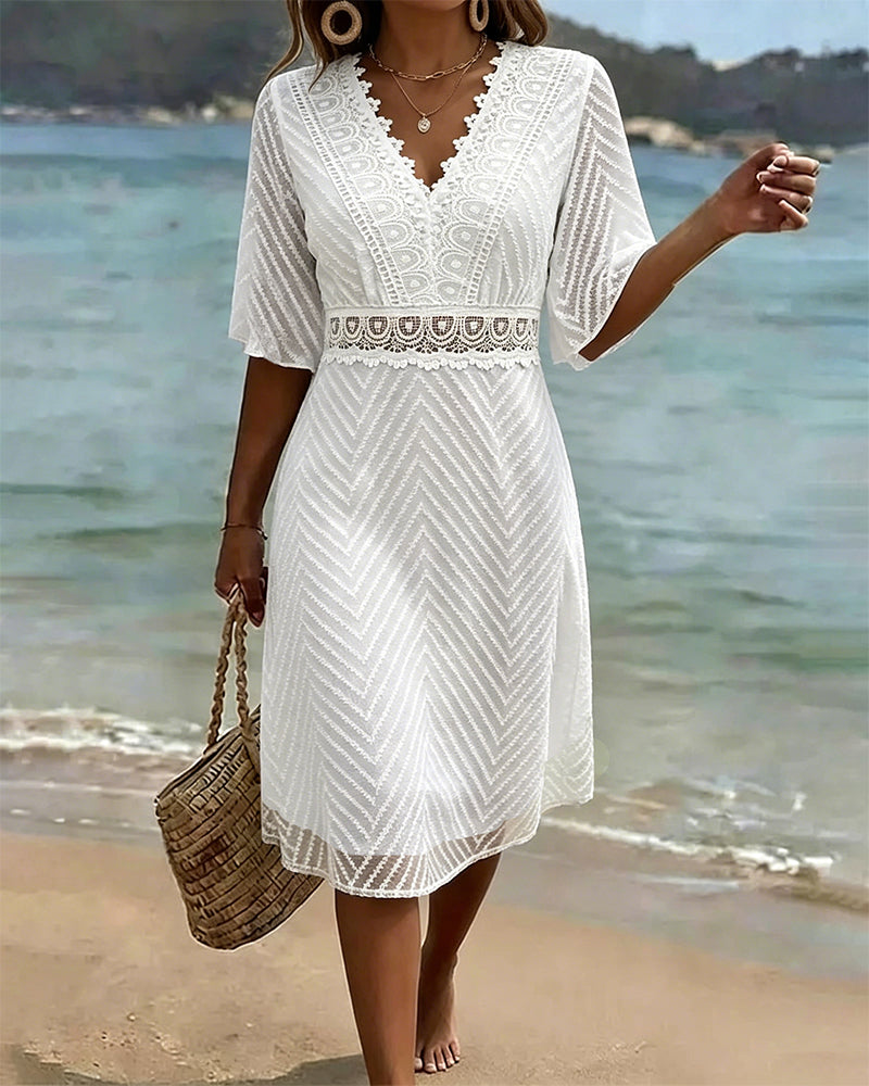 V-Neck Lace Patchwork Cutout Dress