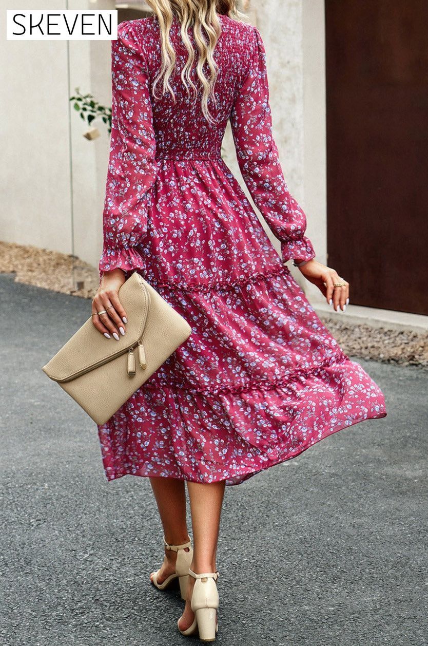 Smocked Flounce Sleeve Midi Dress clothes DY Ship From Overseas trendsi