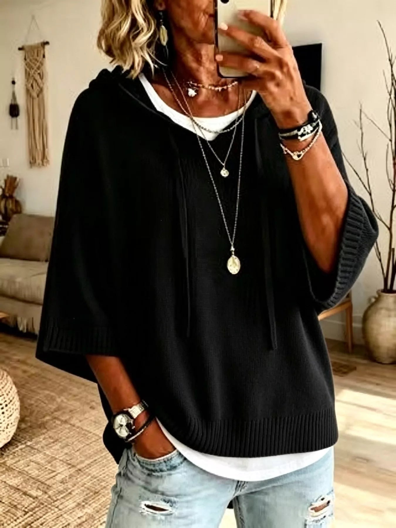 Full Size Casual Hooded Batwing Sleeve Knit Sweater Plus Size