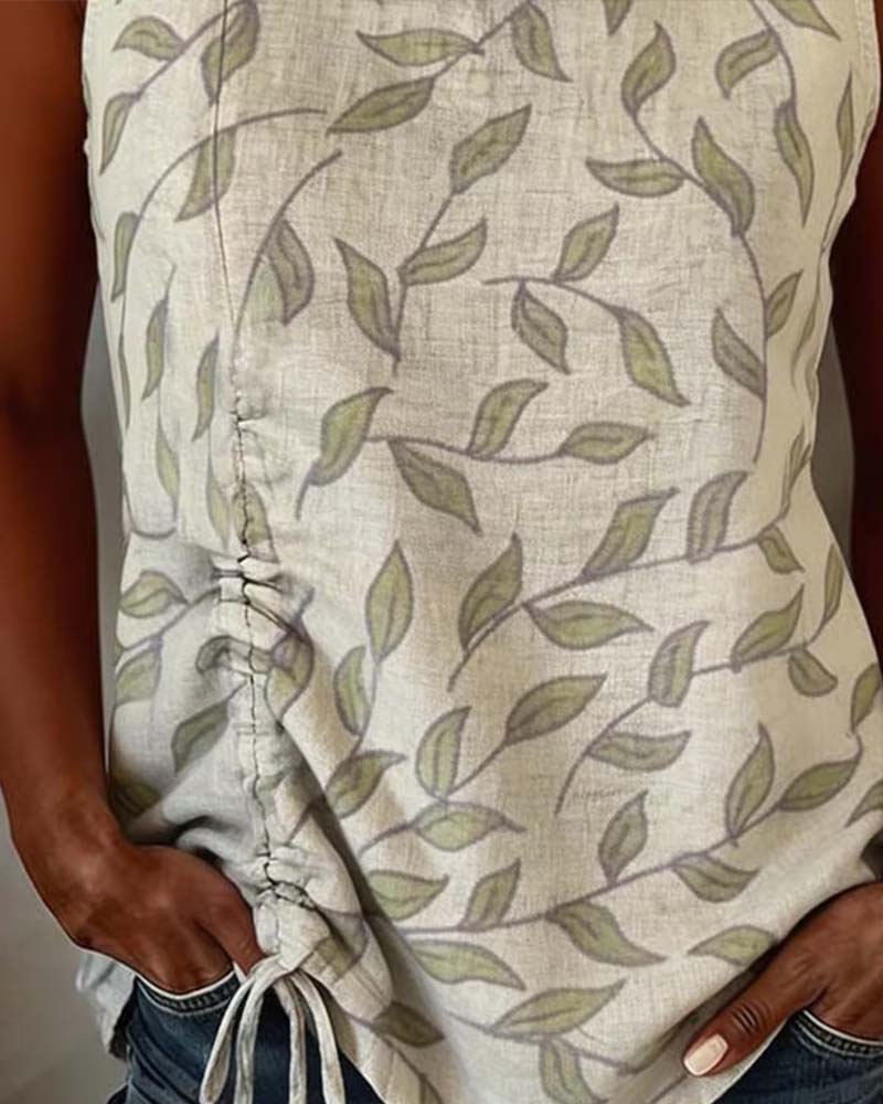 Green Leaf Print Drawstring Tank Top