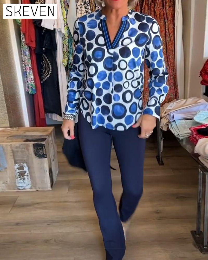 Langarmbluse mit Polka-Dot-Muster, V-Ausschnitt