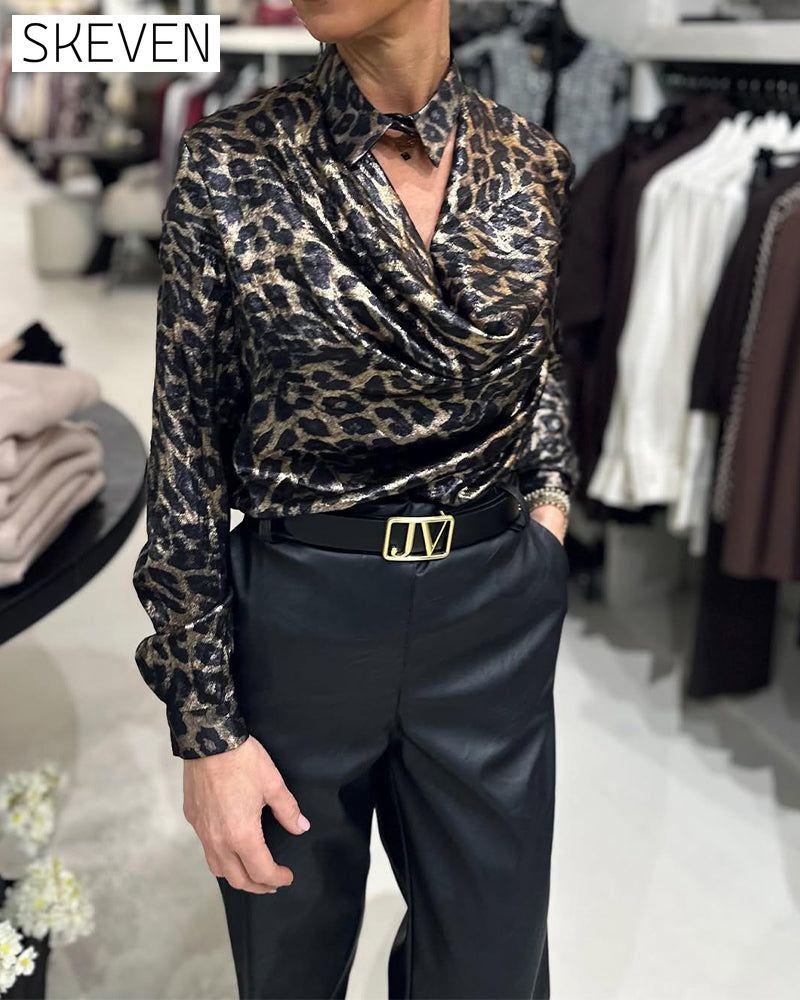 Stylish Leopard Print Shirt With Draped Collar