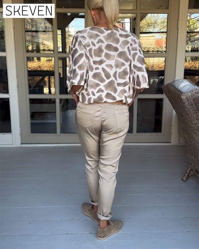 Elegant printed V-neck bat sleeves blouse