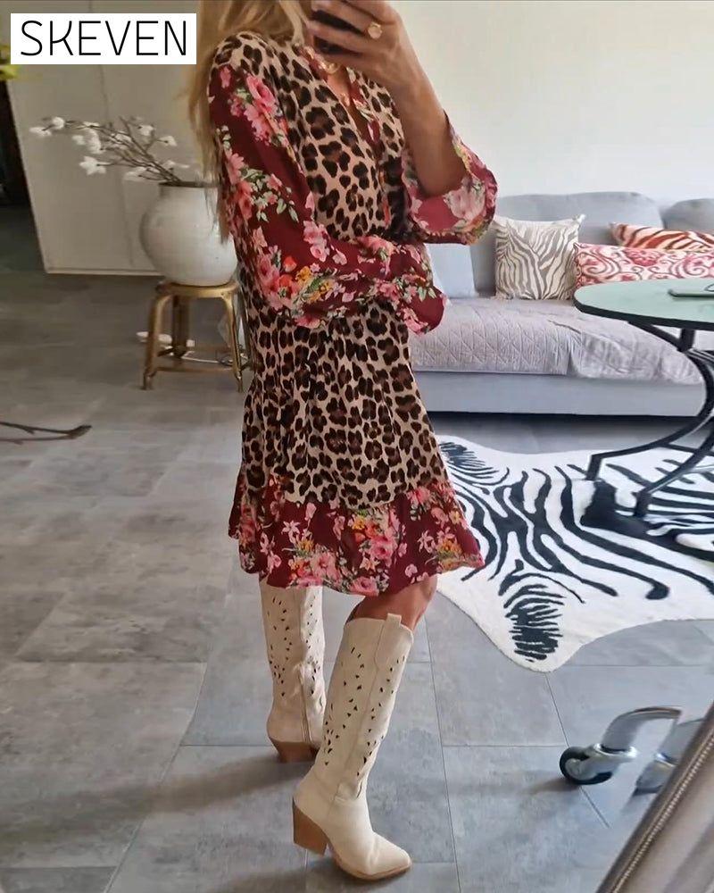 Fashionable leopard floral print bell sleeve dress 2024 f/w casual dresses spring