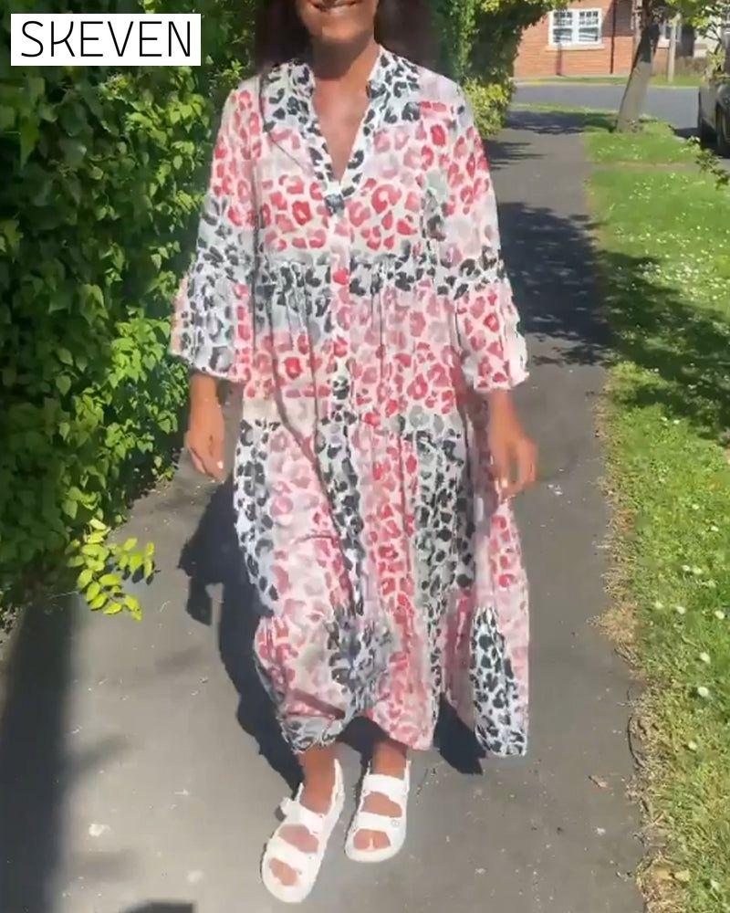 V-neck printed ruffle casual dress